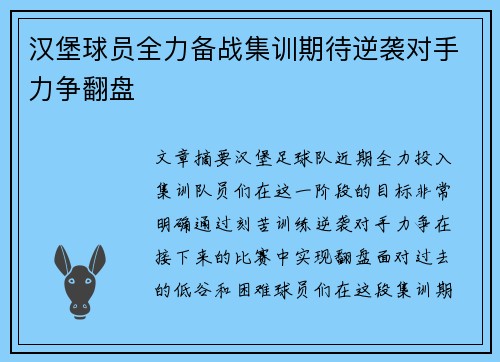 汉堡球员全力备战集训期待逆袭对手力争翻盘